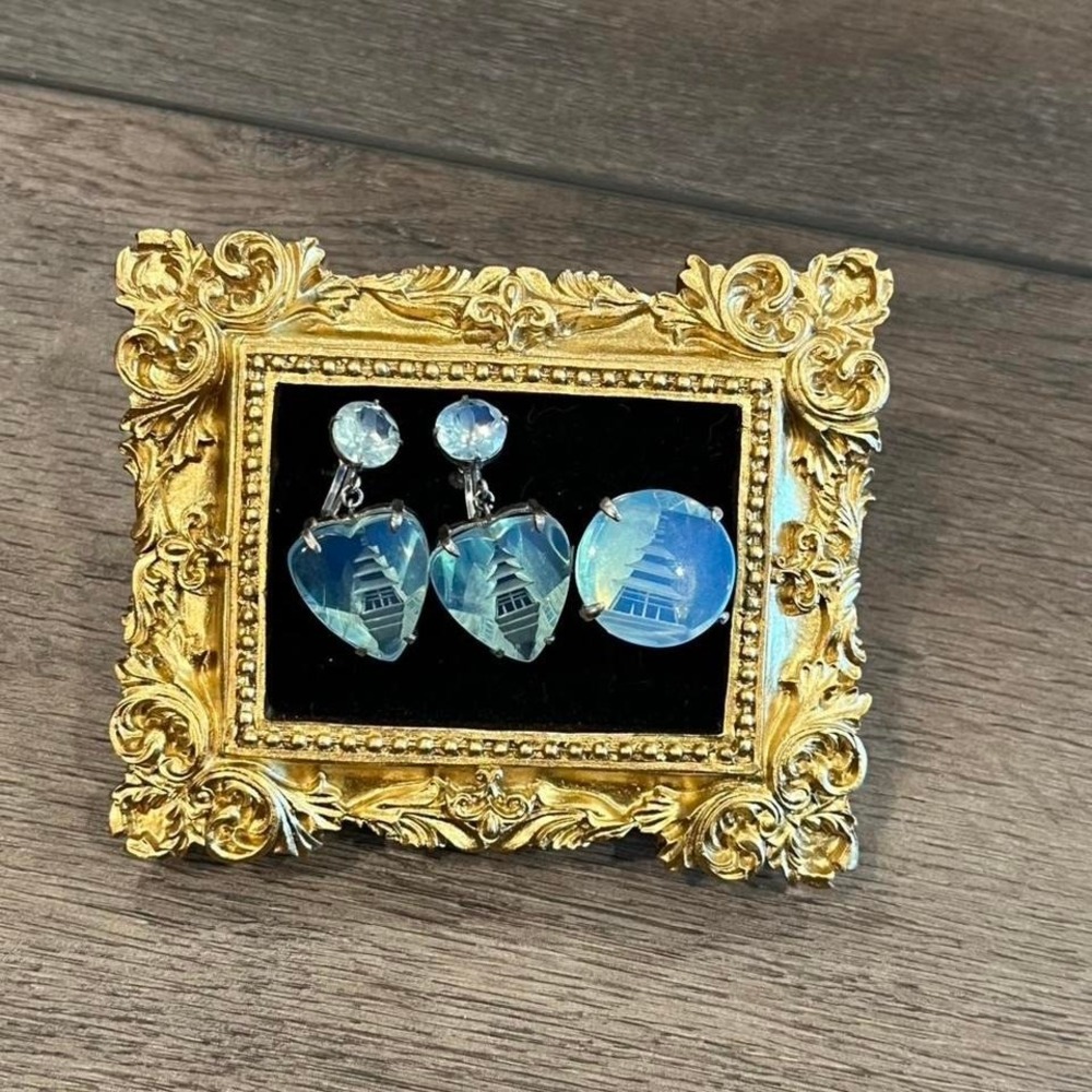 Vintage Japan Intaglio Pagoda Blue Glass Opalite Ring & Clip-On Earrings Set